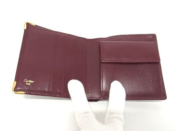 1円 ■極美品■ Cartier カルティエ マストライン レザー 二つ折り 財布 ウォレット レディース ボルドー系 AU4985_画像3