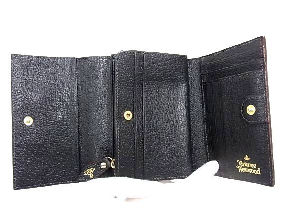1円 ■美品■ Vivienne Westwood ヴィヴィアンウエストウッド オーブ レザー 三つ折り 財布 ウォレット レディース ブラック系 AU4259_画像3
