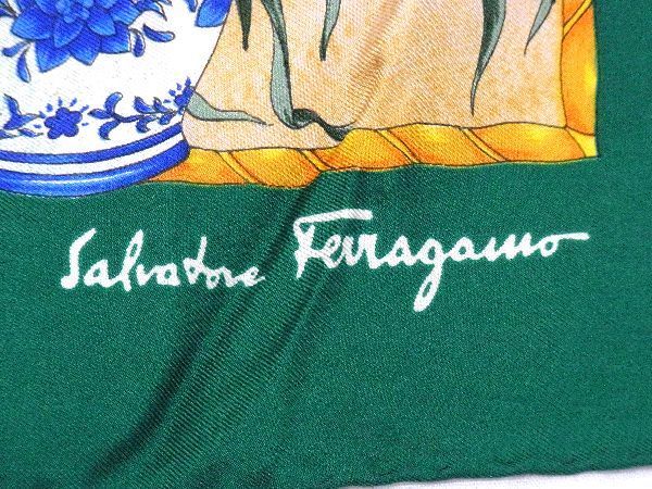 1円 ■美品■ Salvatore Ferragamo フェラガモ シルク100% 総柄 大判 スカーフ ストール ショール グリーン系×マルチカラー AU1514_画像4