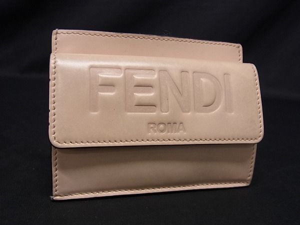 1円 FENDI フェンディ レザー カードケース コインパース コインケース 小銭入れ 小物入れ レディース ピンクベージュ系 AU4909_画像1