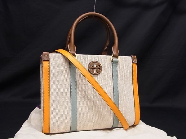 ■新品■未使用■ TORY BURCH トリーバーチ キャンバス×レザー 2WAY ハンドバッグ ショルダー レディース ベージュ系×イエロー系 AT3102_画像1