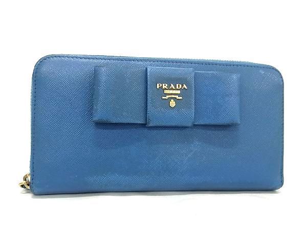 1円 PRADA プラダ サフィアーノレザー ラウンドファスナー リボン 長財布 ウォレット 小銭入れ 札入れ レディース ブルー系 AW0165_画像1