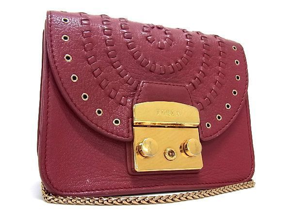 1円 FURLA フルラ FURLA フルラ メトロポリス レザー チェーン ショルダーバッグ ポシェット 斜め掛け ワインレッド系 AS5606_画像1