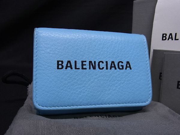 1円 ■美品■ BALENCIAGA バレンシアガ 561921 エブリデイ レザー 三つ折り 財布 ミニ ウォレット レディース ブルー系 AT6825_画像1