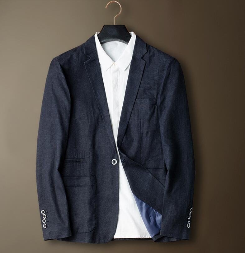  summer jacket cotton flax tailored jacket men's one button linen blaser thin spring summer autumn clothes outer * navy /3XL size 