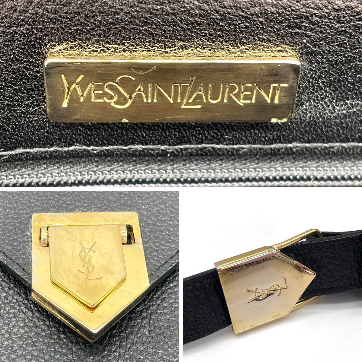 1円 良品 Yves Saint Laurent イヴサンローラン YSL ロゴ カサンドラ シュリンクレザー ブラック ショルダーバッグ ゴールド金具_画像10