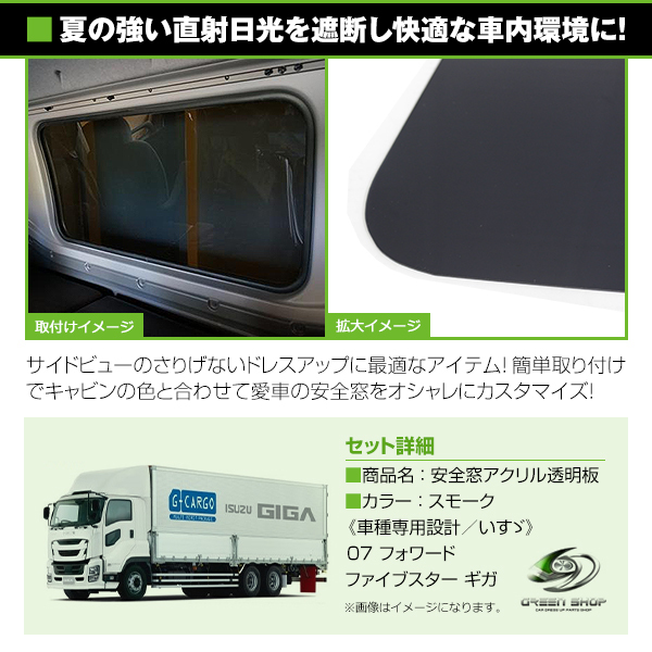 【送料無料】 07 フォワード H19.7? 寝台窓 リアベッド窓 スモーク 透明 アクリル透明板 貼り付けタイプ_画像2