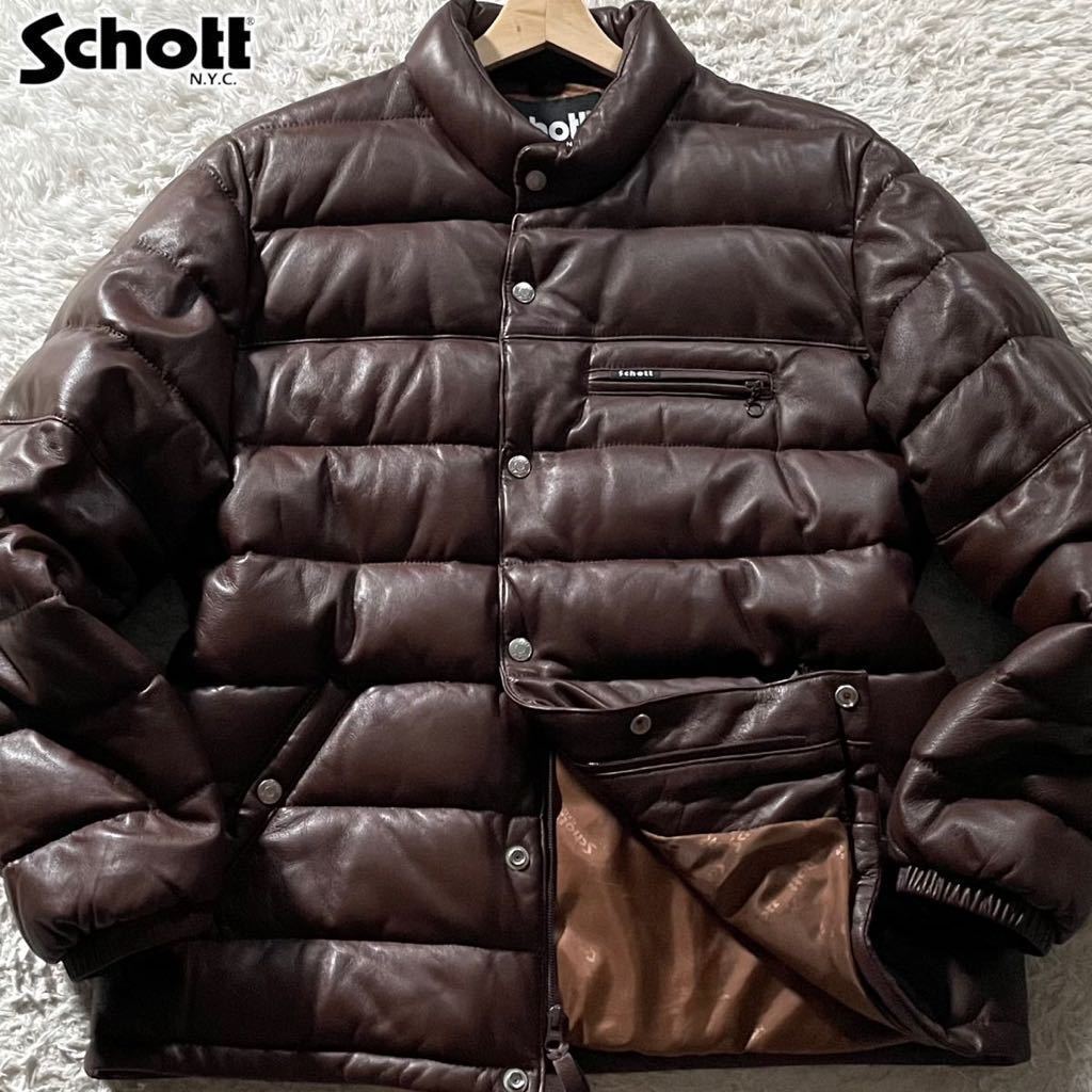 未使用級/XLサイズ●極暖 ショット SCHOTT ラムレザー ダウンジャケット ブルゾン アウター 羊革 ダウン80% 胸元ロゴタグ 裏地ロゴ柄 LL_画像1