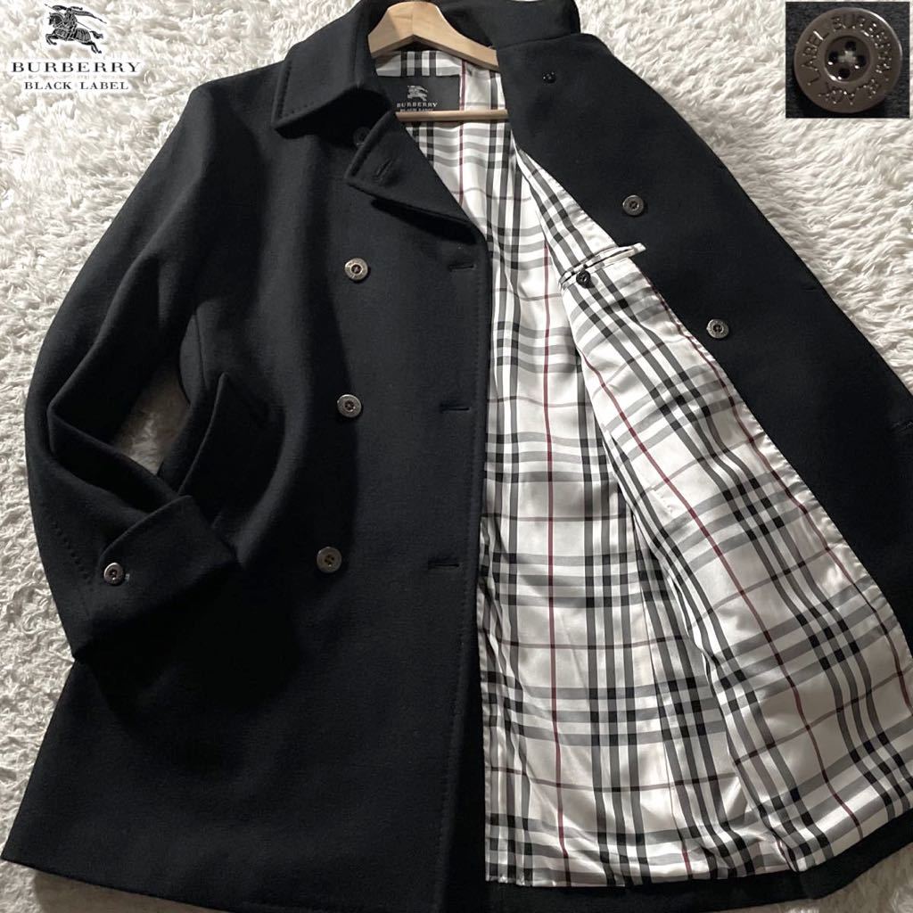 未使用級/Lサイズ●カシミヤ混 バーバリーブラックレーベル ピーコート ジャケット BURBERRY BLACKLABEL ナポレオン ノバチェック 銀ボタン_画像1