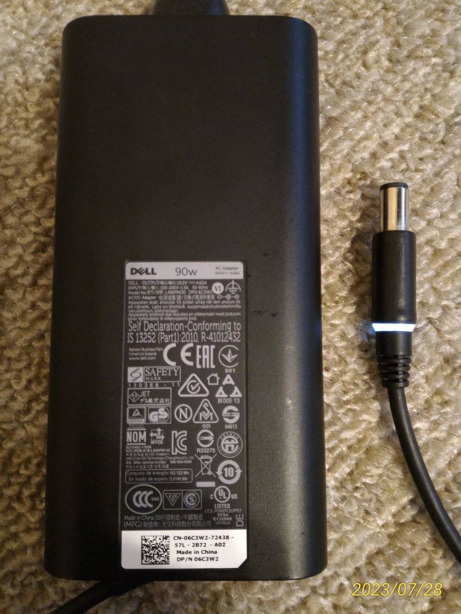 Dell 純正AC ADAPTER 90W 　19.5V-4.62A 外径約7.4mm 内径約5.0mm センターピンタイプ中古動作品_画像2