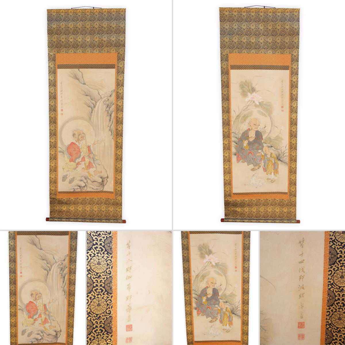 【中古】M▽紙本著色十六羅漢像 16幅 時代元箱蓋のみ付属 新表装 羅漢図 十六羅漢 掛軸 (37367)_画像6