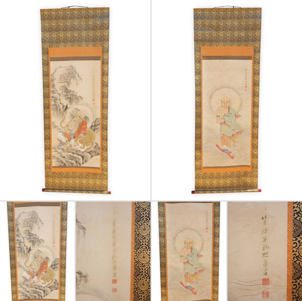 【中古】M▽紙本著色十六羅漢像 16幅 時代元箱蓋のみ付属 新表装 羅漢図 十六羅漢 掛軸 (37367)_画像3