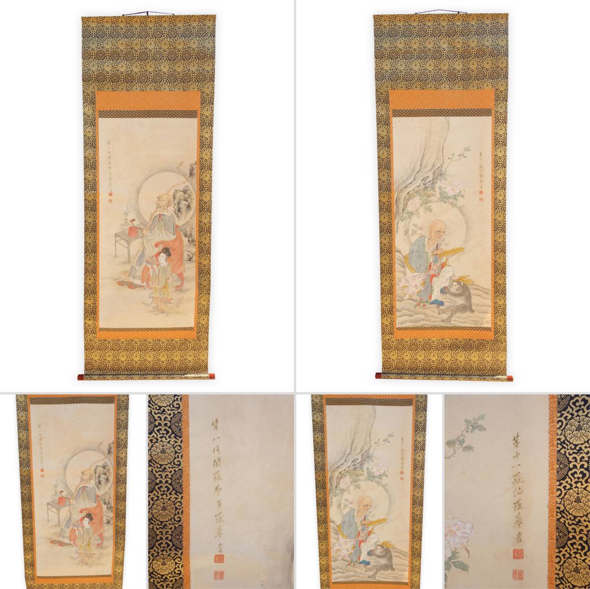 【中古】M▽紙本著色十六羅漢像 16幅 時代元箱蓋のみ付属 新表装 羅漢図 十六羅漢 掛軸 (37367)_画像4