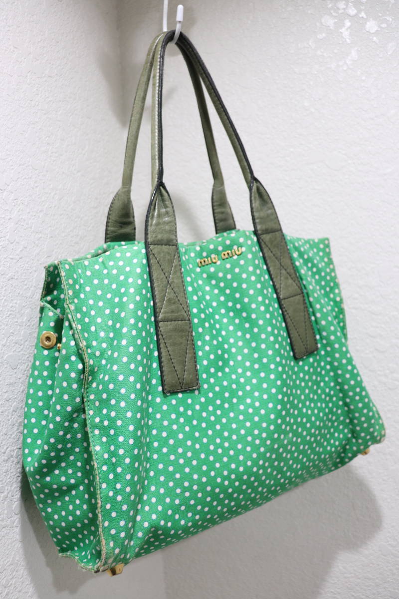  prompt decision 12SS miumiu MiuMiu ARCHIVE archive 2012SS polka dot dot pattern leather steering wheel canvas tote bag handbag green 