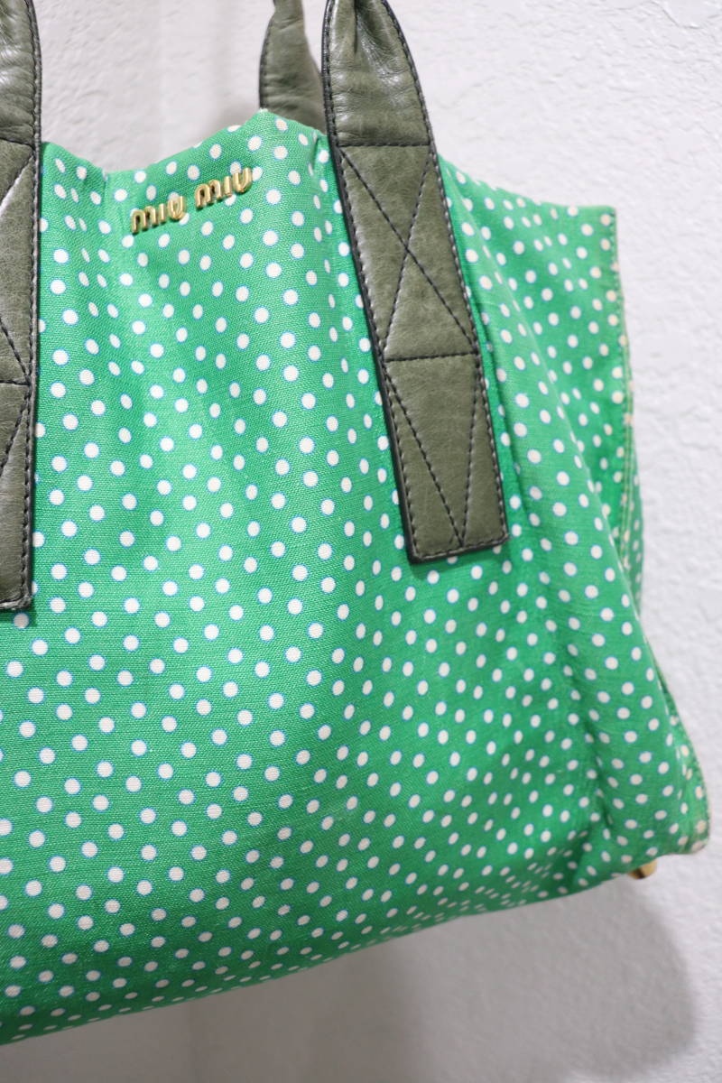  prompt decision 12SS miumiu MiuMiu ARCHIVE archive 2012SS polka dot dot pattern leather steering wheel canvas tote bag handbag green 