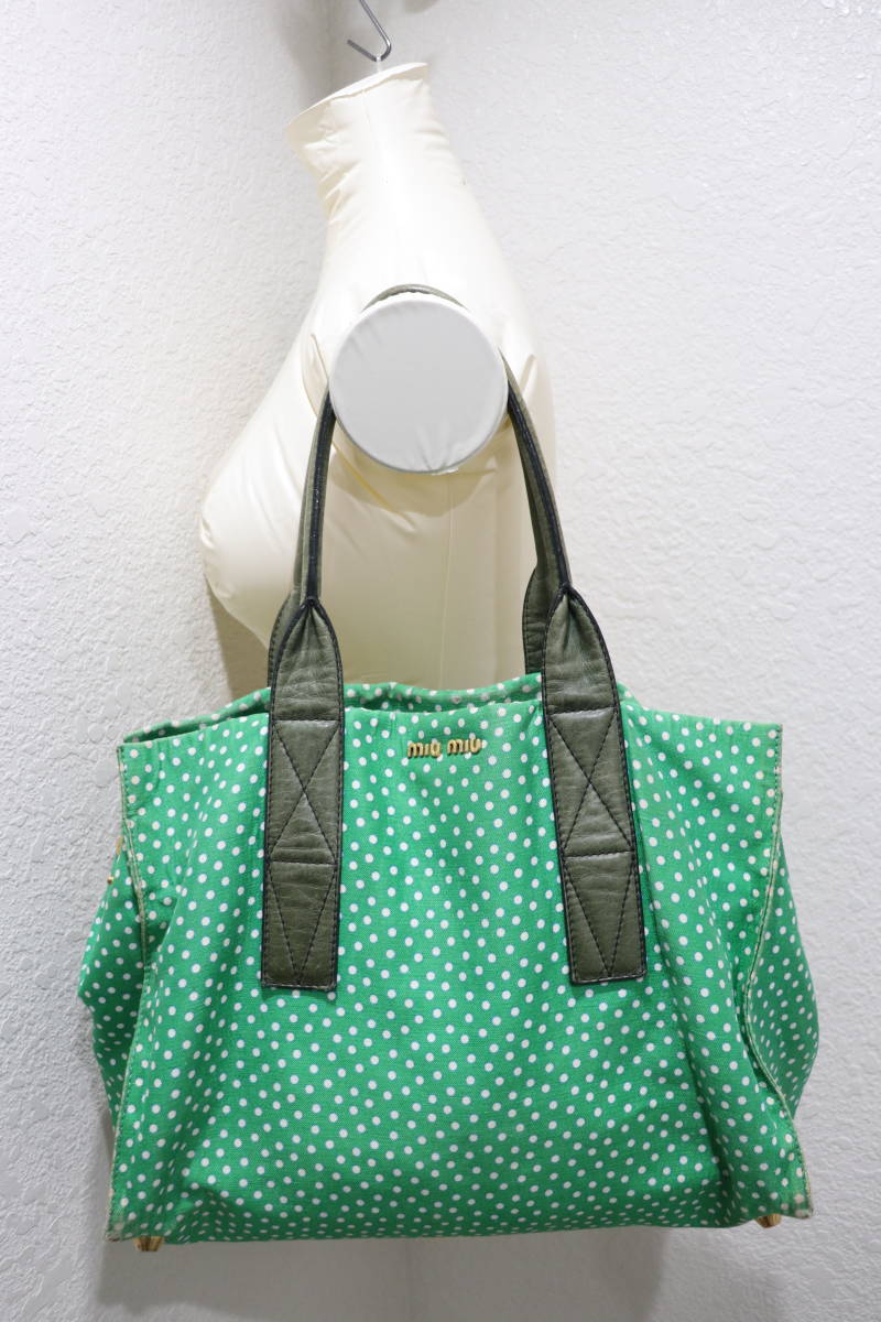  быстрое решение 12SS miumiu MiuMiu ARCHIVE архив 2012SS полька-дот точка рисунок кожа руль парусина большая сумка ручная сумочка зеленый 