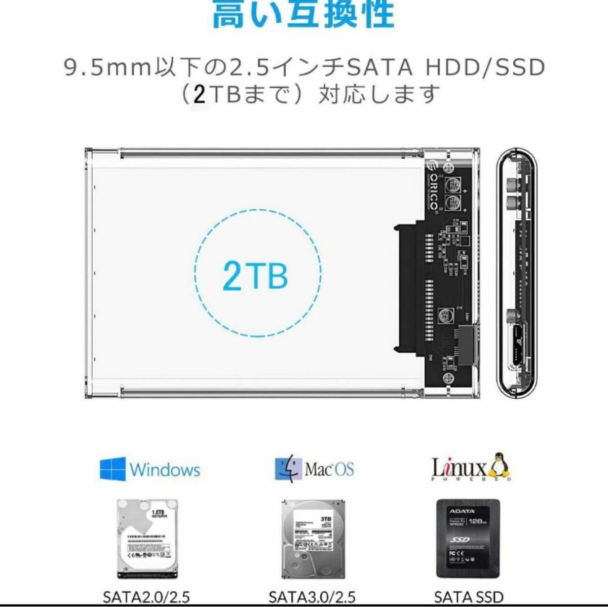 2.5インチ HDDケース USB3.0高速データ転送 UASP対応 透明設計