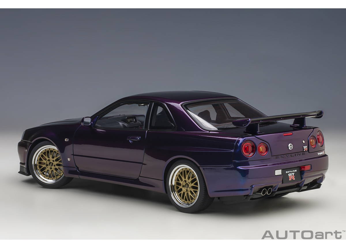 Aa 1/18 R34 GT-R Vスペック II （ミッドナイトパープルⅢ）77403 新品未開封 BNR34 GTR nismo オートアート_画像3