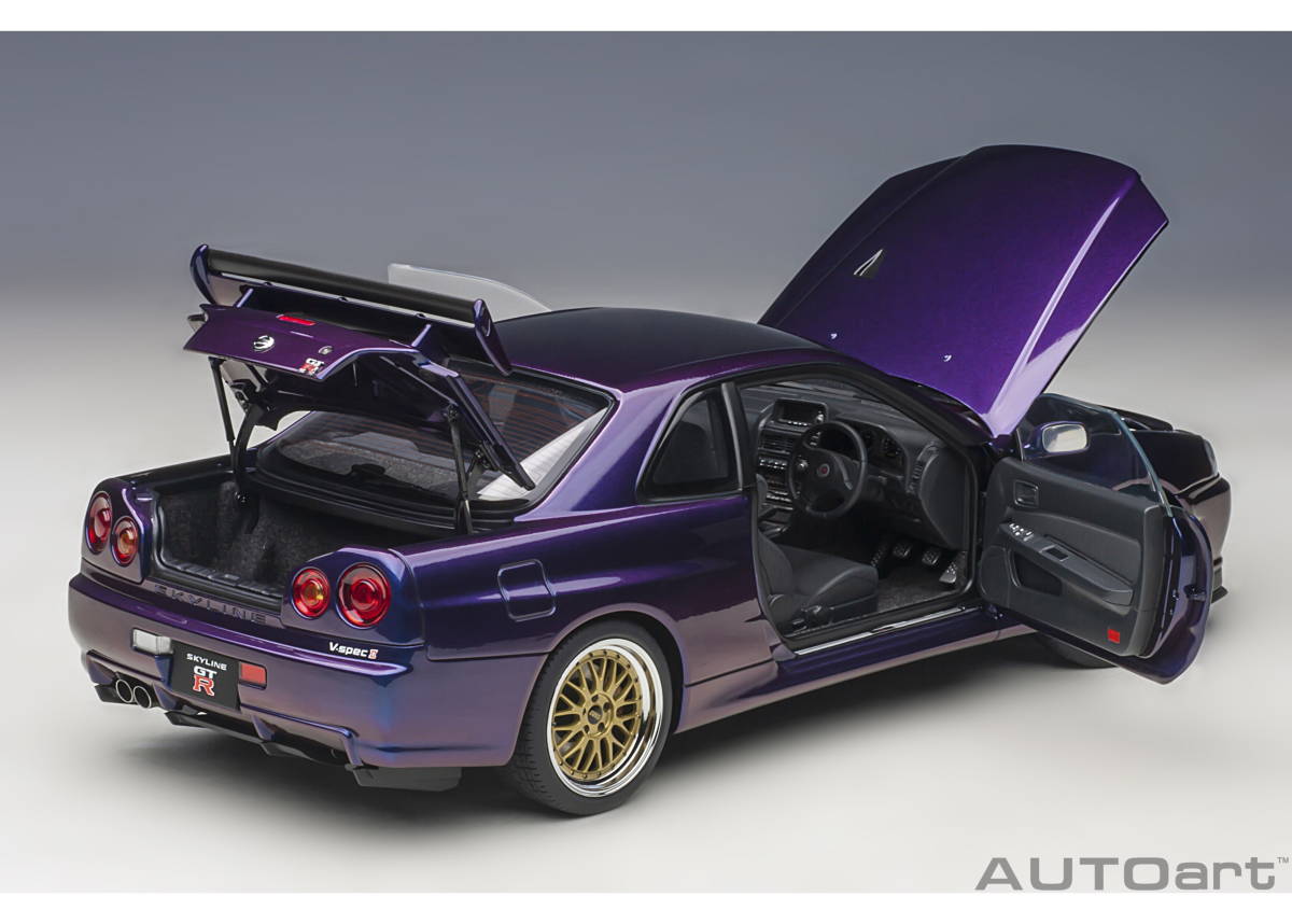 Aa 1/18 R34 GT-R Vスペック II （ミッドナイトパープルⅢ）77403 新品未開封 BNR34 GTR nismo オートアート_画像5