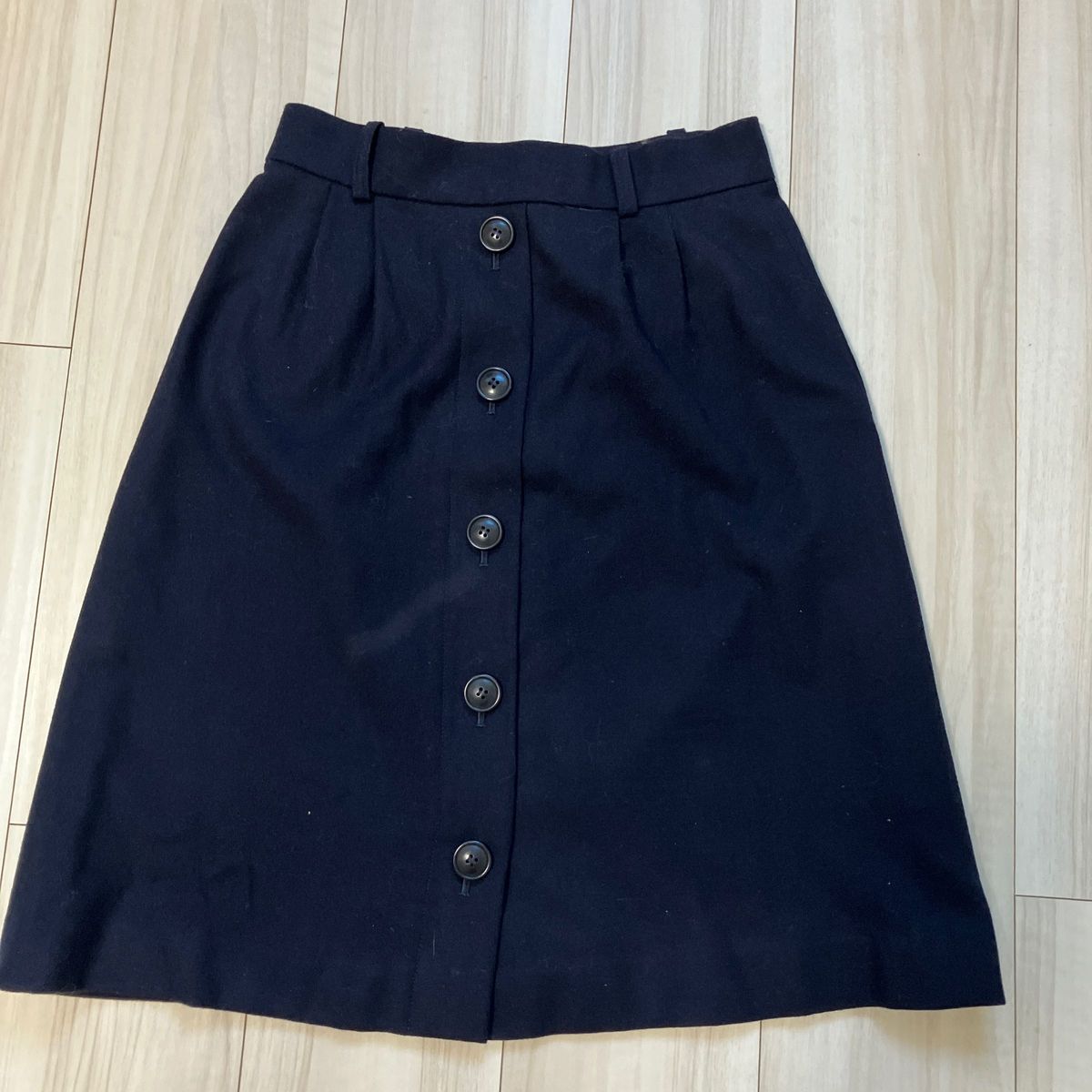 ローラアシュレイ　ウール混　紺　 膝丈スカート　前ボタン　S 日本製　美品