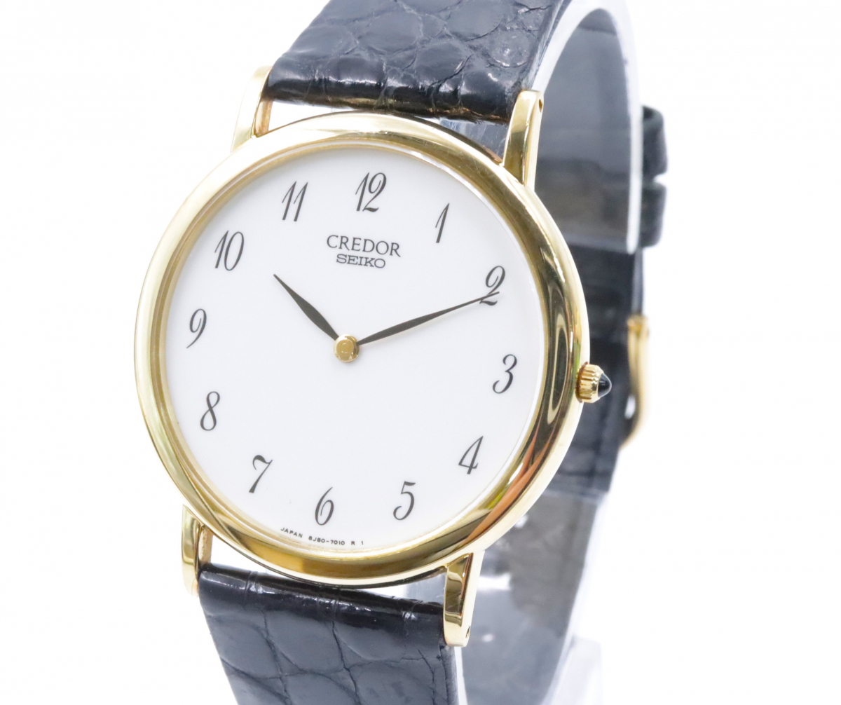 【ト長】SEIKO セイコー CREDOR クレドール 8J80-7000 18KT 金無垢 18KT メンズ クォーツ 稼働品 純正ベルト ホワイト文字盤 IR400IOB29_画像1