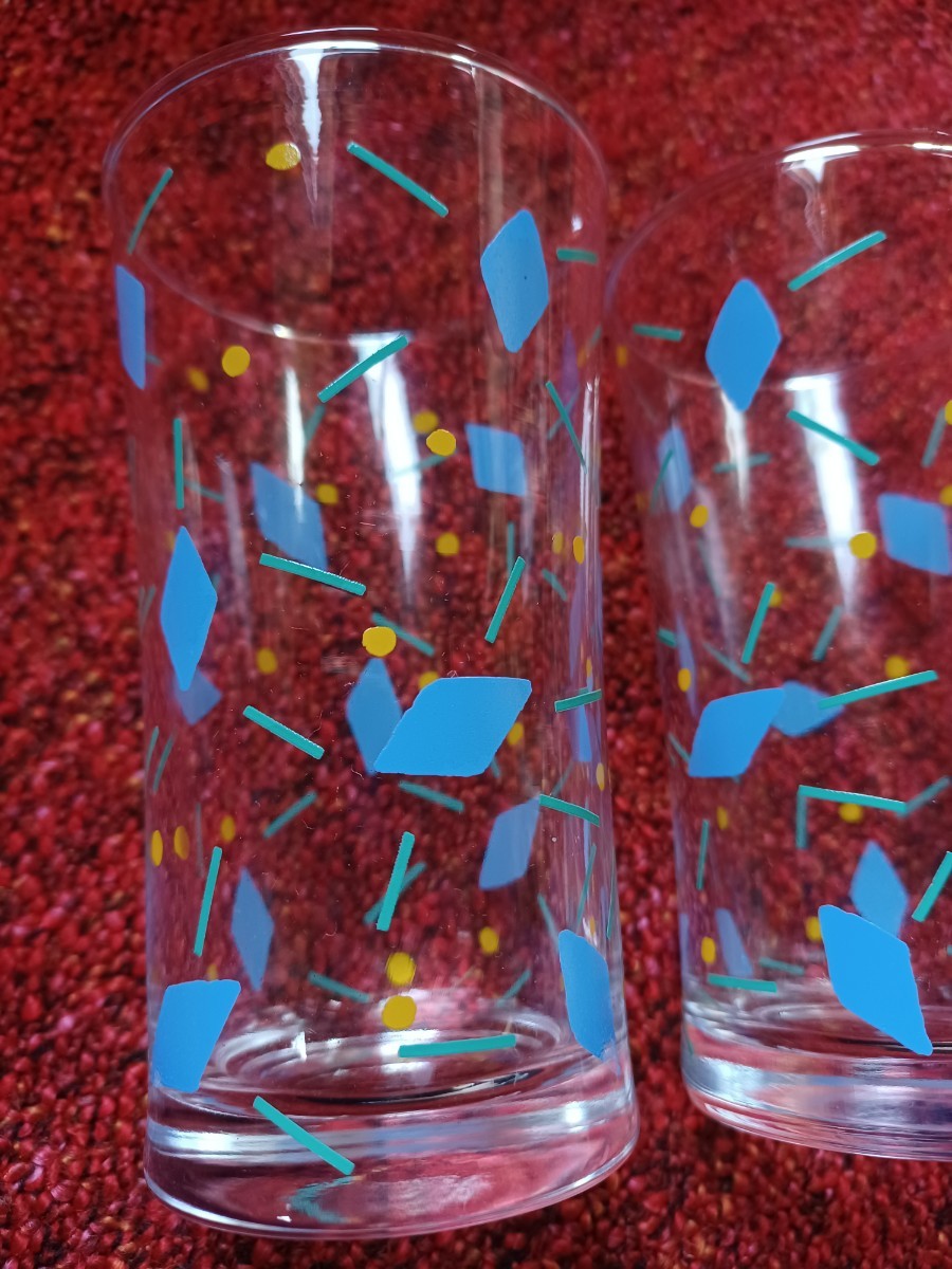 未使用◆ レトログラス　2個セット ◆ガラス製 /青黄色 模様/タンブラーセット/ グラス / ガラスコップ/かわいい_画像4