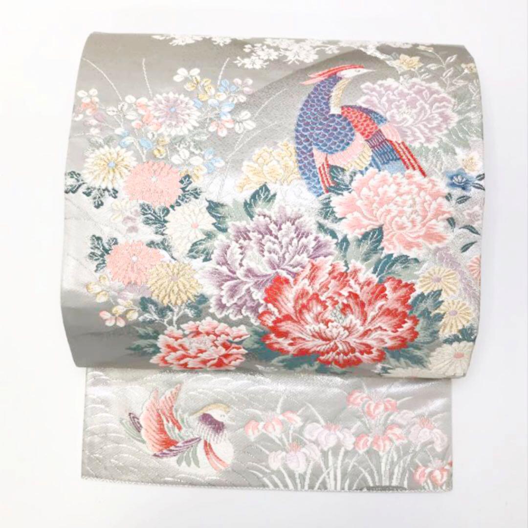 袋帯 唐織 鳥に美しい花模様 牡丹 菊 桜 菖蒲 萩 桔梗 金銀糸 O-1371