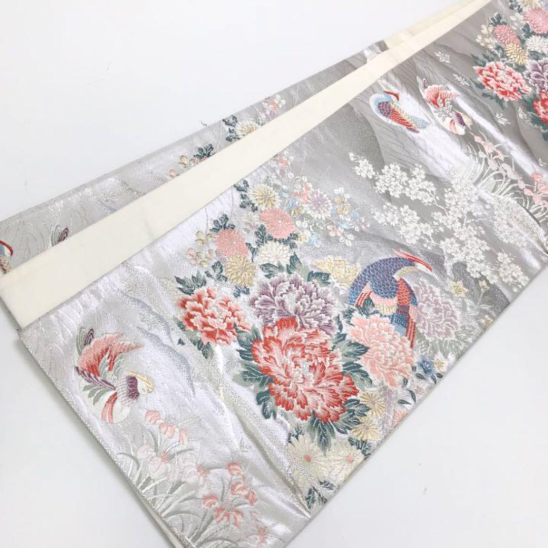 袋帯 唐織 鳥に美しい花模様 牡丹 菊 桜 菖蒲 萩 桔梗 金銀糸 O-1371_画像9