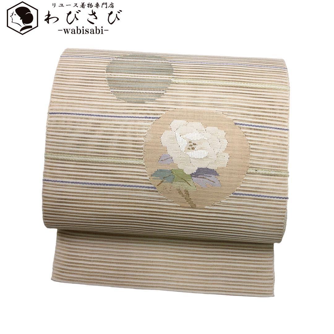 夏帯 名古屋帯 絽綴れ 丸に牡丹の花 生成色 O-2691