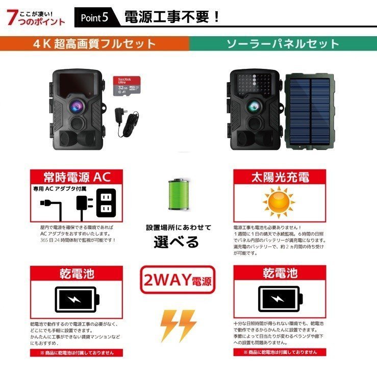 防犯カメラ 屋外 ソーラーパネル 4K高画質 かんたん設置セット 工事不要 家庭用 小型 ソーラー トレイルカメラ 監視カメラ 自動録画_画像7