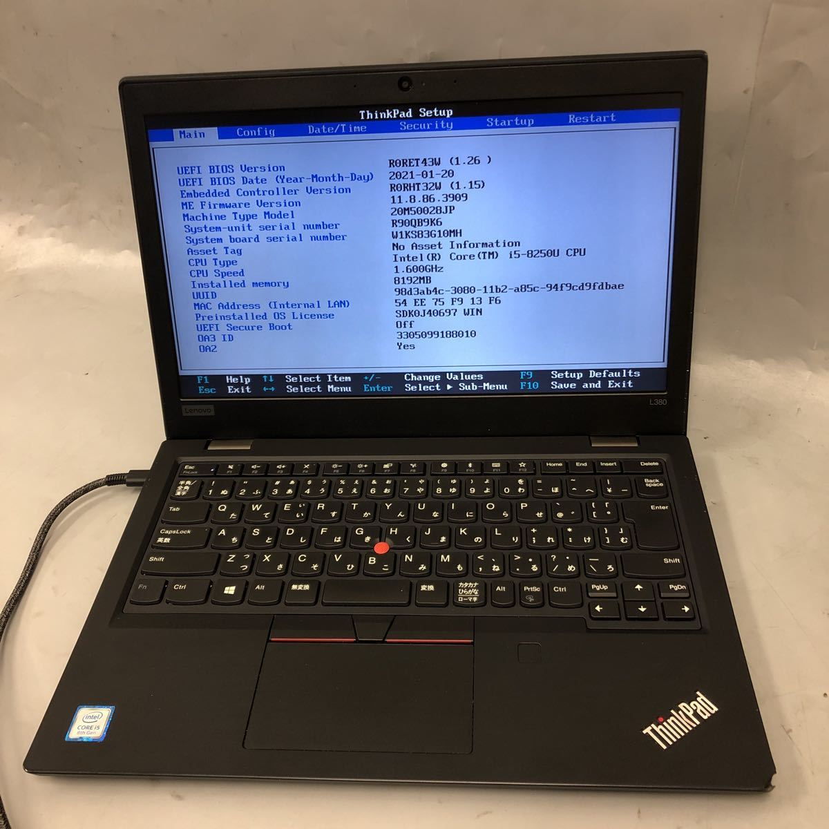JXJK3991 /LENOVO / ThinkPad L380 / CPU:core i5-8250U 1.60GHz / メモリ:8GB / SSD:256GB / 動作未確認/BIOS確認済/筐体破損