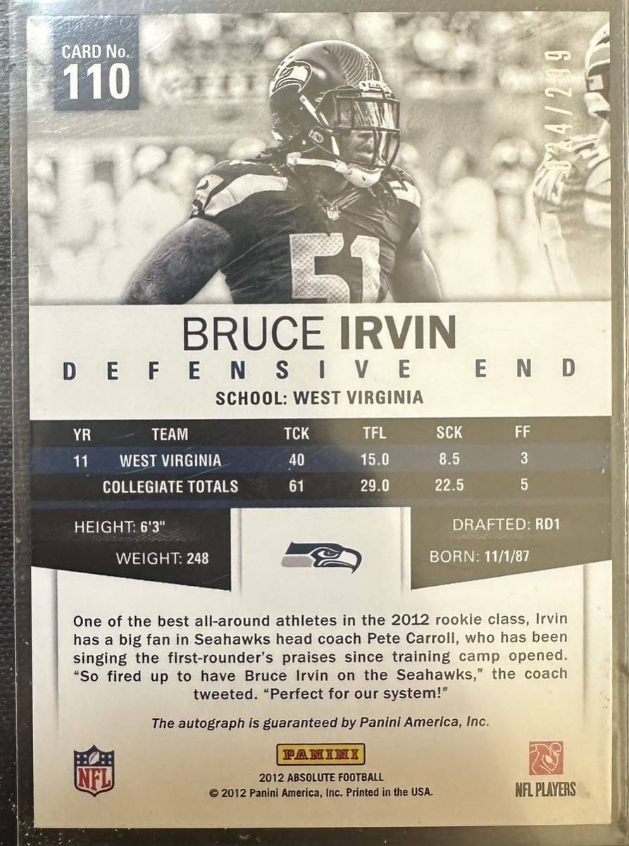 NFL 2012 Panini Bruce Irvin /299 Auto 直筆サイン RC ルーキー_画像2