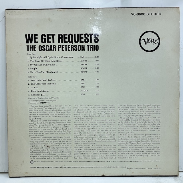 ●即決LP Oscar Peterson / We Get Requests v68606 j39336 独盤65年プレス。Stereoウチミゾ オスカー・ピーターソン_画像2