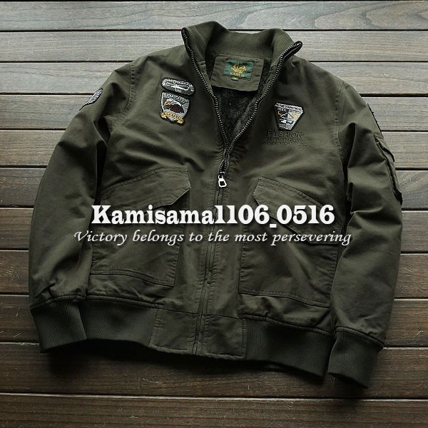 G891※XL(M程度)/新品★KALD 緑 メンズ 刺繍ワッペン ミリタリーMA-1 裏ボア ジャケット フライトブルゾン ジャンパー_画像1