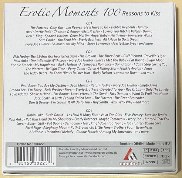 Erotic Moments 100 Reasons To Kiss 4CD The Platters Elvis Presley Sam Cooke Cliff Richard Dean Martin Everly Brothers Patti Page_画像2