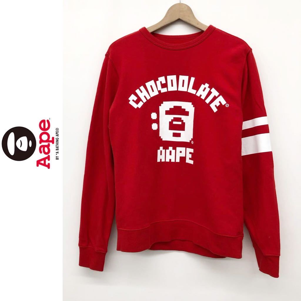 Aape By A BATHING APE ア ベイシング エイプ BLACK CHOCOLATE コラボ トレーナー 長袖 裏起毛 スウェット ロゴ クルーネック レッド 赤 M_画像1