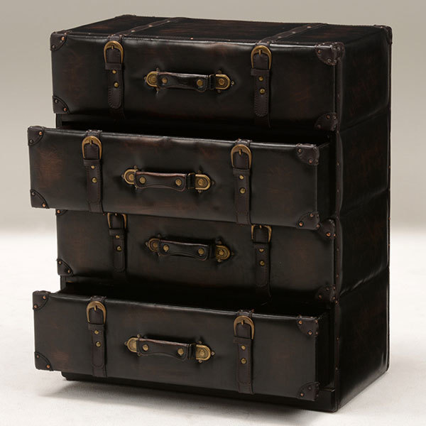 トランク風チェスト 引出し付き収納 ダークブラウン色 61センチ幅 4段引出し ワイド幅 完成品_画像3