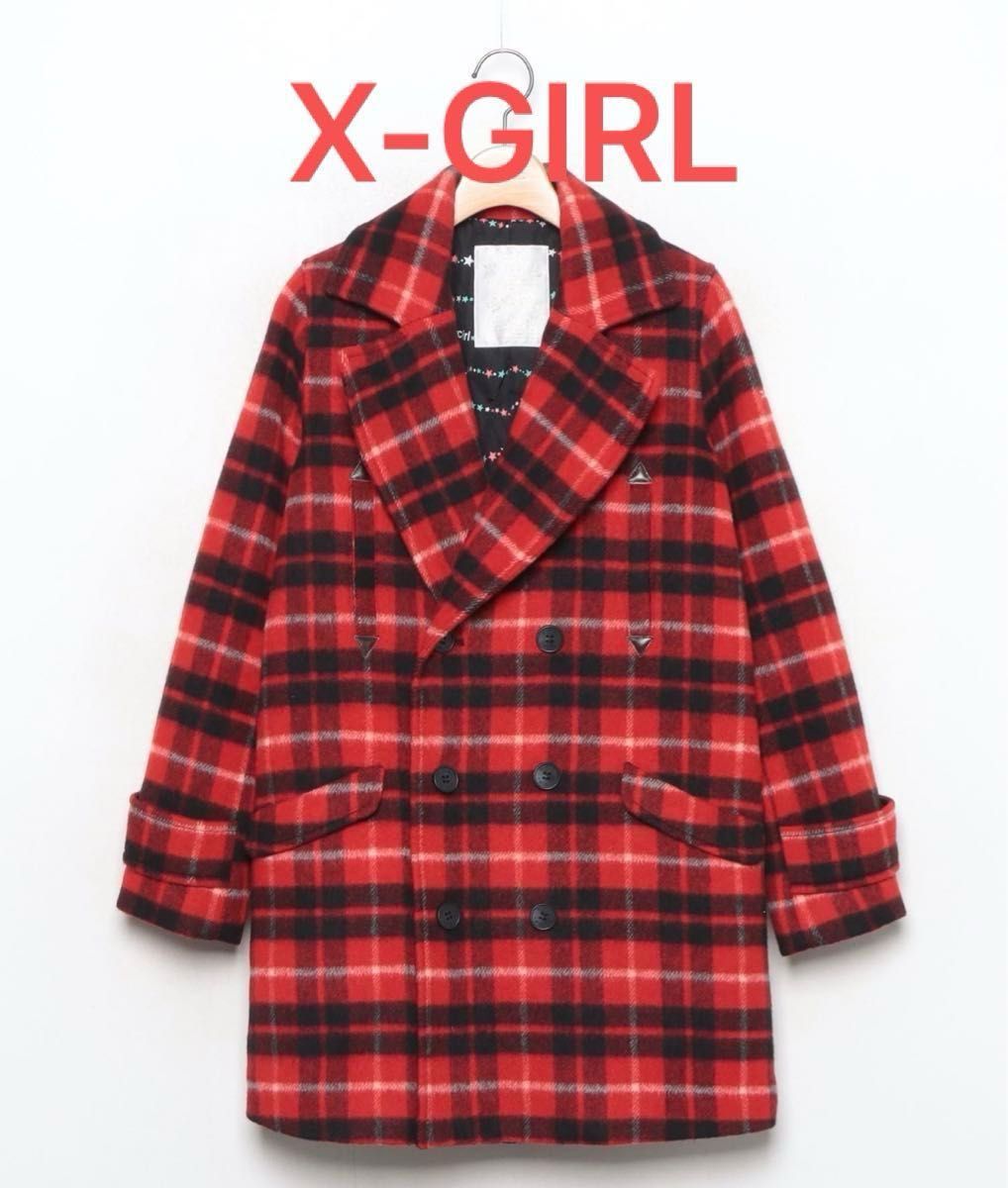 559 極美品　X-GIRL 刺繍　ロゴ　チェック　コート　未使用　ピーコートコート チェスターコート BURBERRY  