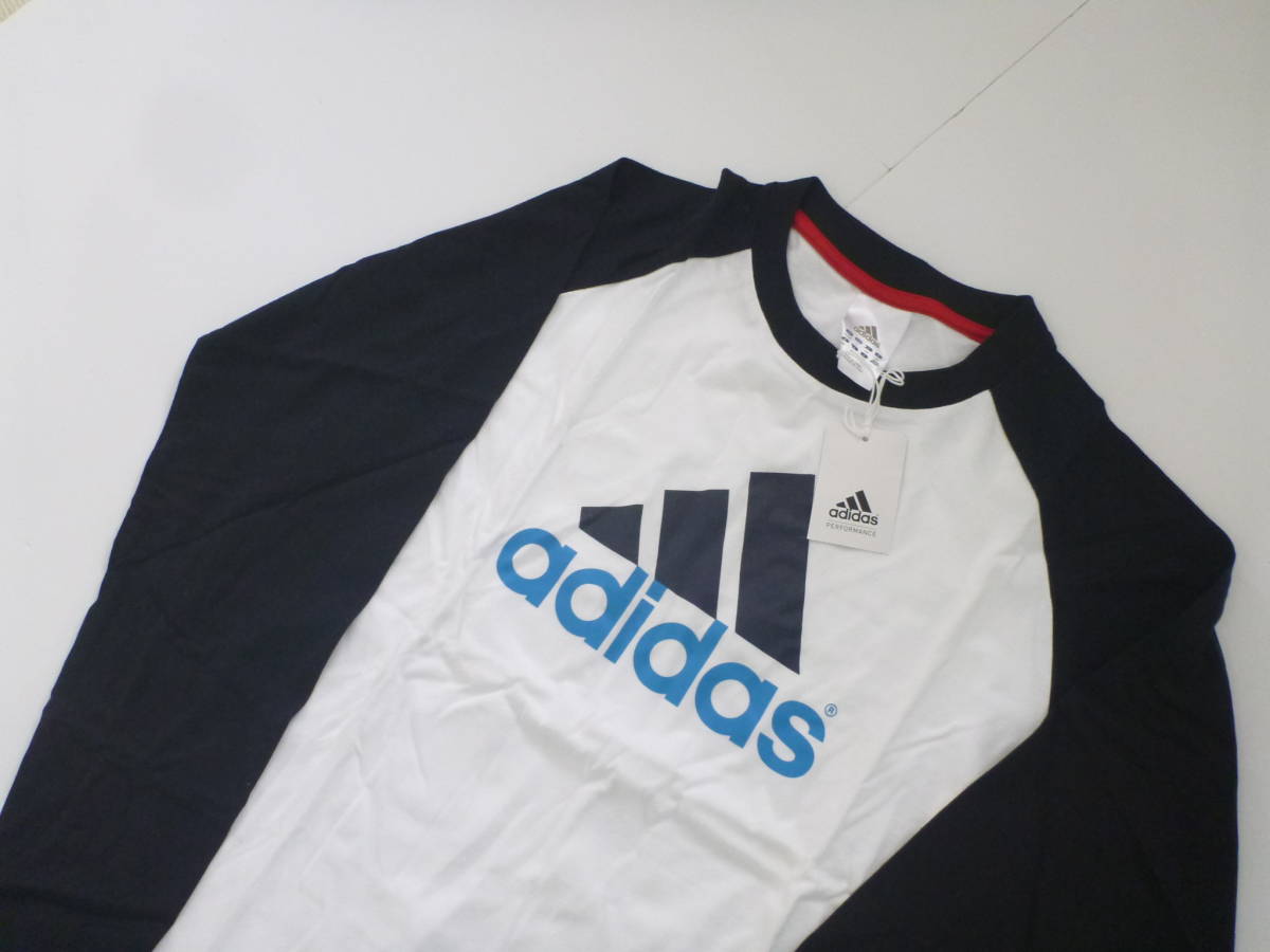 新品 adidas アディダス★黒×白 長袖 Tシャツ 綿100 160 大人のS相当の画像2