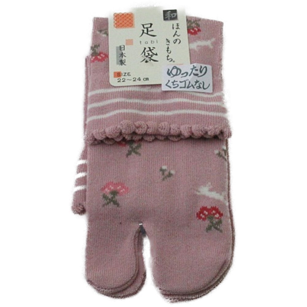 足袋ソックス ほんのきもち ピンク ゆったりくちゴムなし 綿混素材 レディース size22-24cm 日本製 カカトつき うさぎ柄 1足_画像1