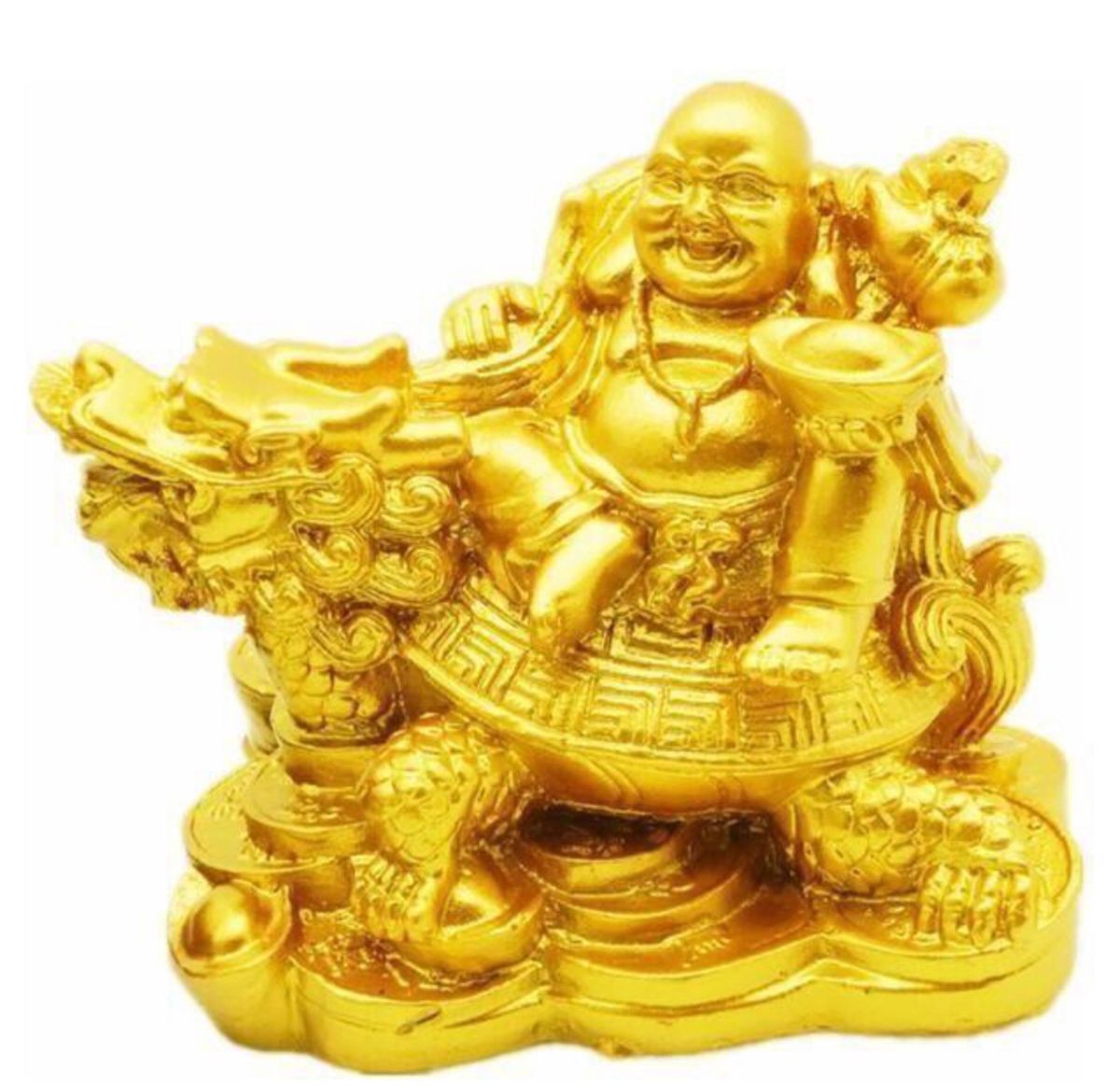 布袋さん 置物 七福神 オブジェ インテリア 龍亀に座っている布袋 弥勒菩薩 仏像 開運 金運アップ 風水グッズ ゴールド