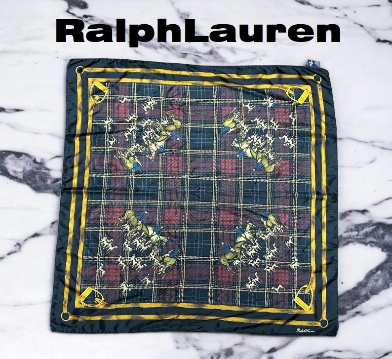 新品同然ラルフローレンRalphLauren★シルク・スカーフ★1920年代・英国ハンター＆タータンチェック★88ｘ88_画像1