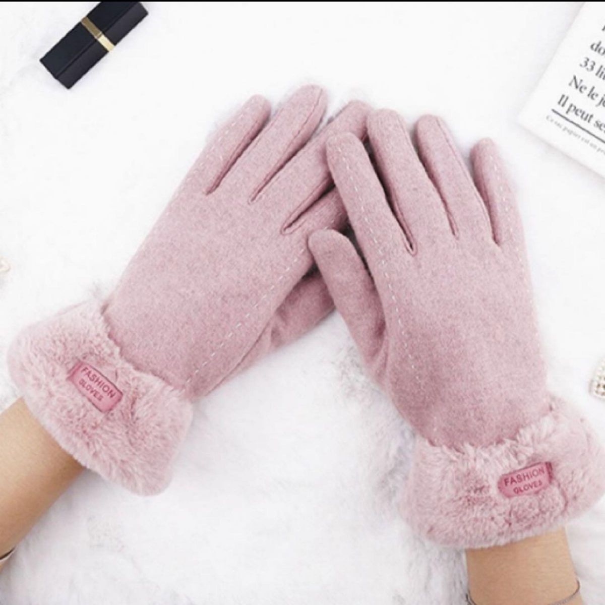 レディース手袋　ピンク　上品　裏起毛　暖かい　スマホ対応　プレゼント グローブ ファー