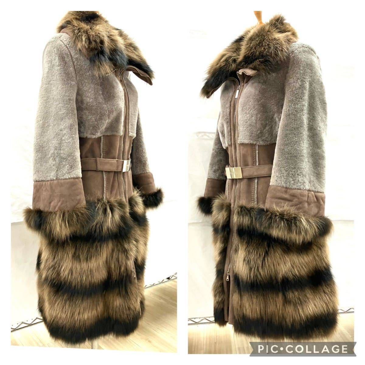  used Shearling design mouton raccoon fur long coat farolfa Italy made light brown S size lady's 541900