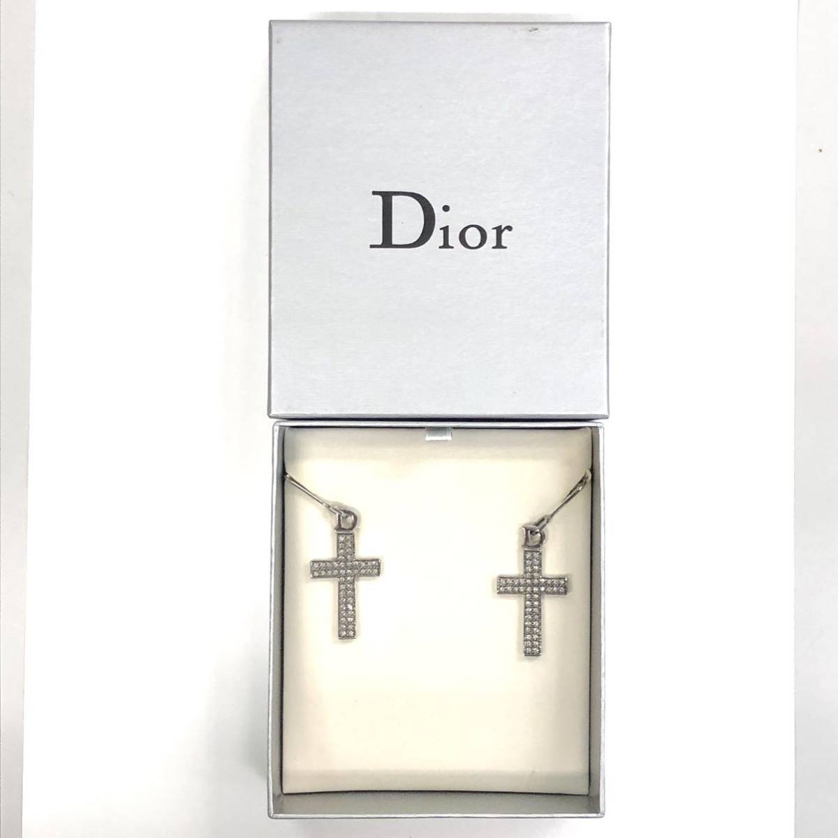  中古 クリスチャンディオール Christian Dior クロス ピアス ラインストーン シルバー色 十字架 137678E_画像10