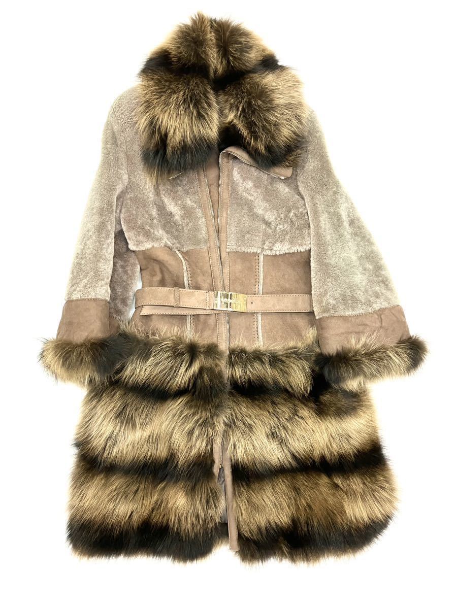  used Shearling design mouton raccoon fur long coat farolfa Italy made light brown S size lady's 541900