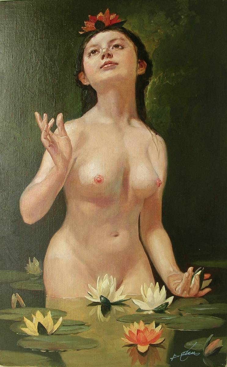 〈真作〉奥龍之介「蓮の花」油彩M10号◆この方の裸婦図はあまり見たことがありません。とても珍しいニンフ像 ! お見事です!！_画像1