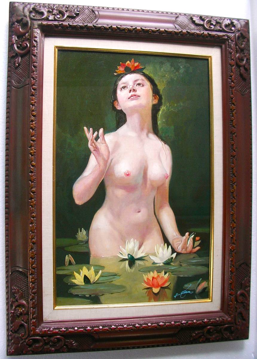 〈真作〉奥龍之介「蓮の花」油彩M10号◆この方の裸婦図はあまり見たことがありません。とても珍しいニンフ像 ! お見事です!！_画像2