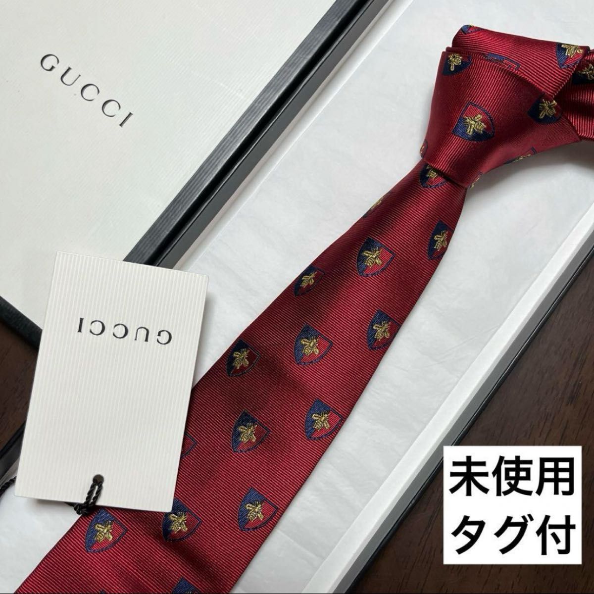 未使用タグ付 グッチ ネクタイ 赤紺 蜂柄bee 高級感 派手 結婚式 未使用タグ付 グッチ ネクタイ 赤紺 蜂柄bee 高級感 派手 結婚式