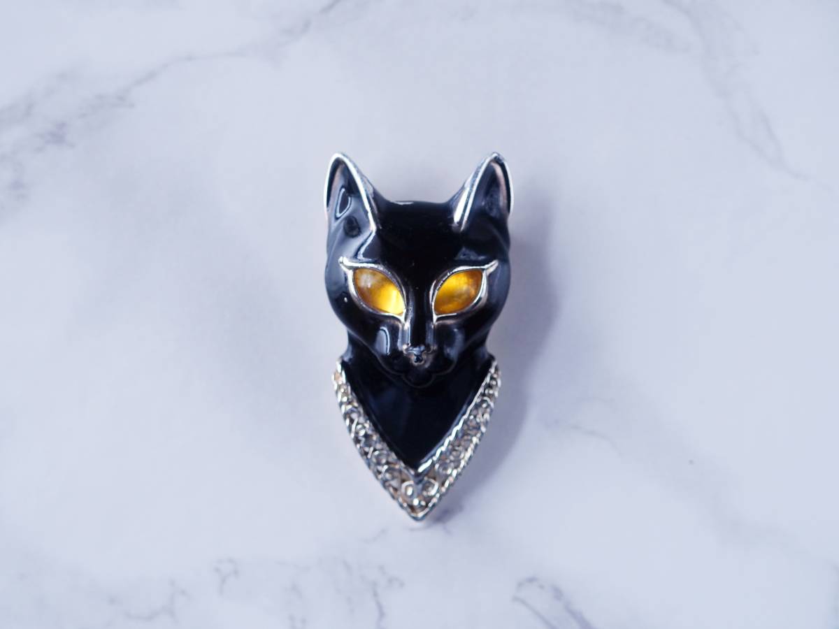アメリカンヴィンテージ AJC 黒エナメルと黄色い瞳のネコのブローチ 猫 アンティーク_画像2